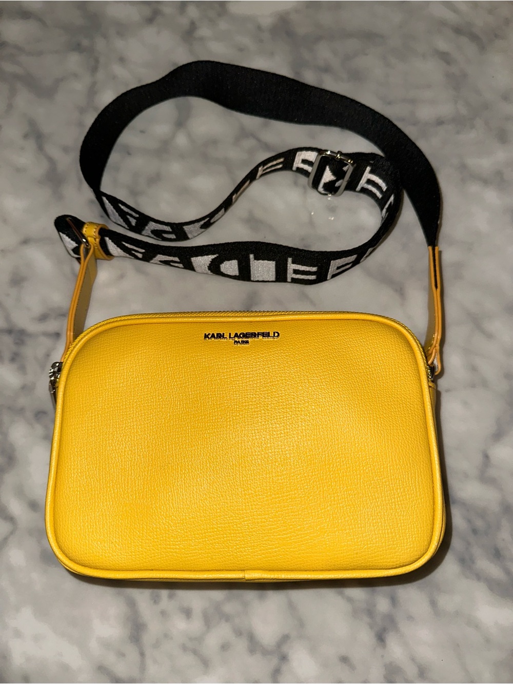 Karl Lagerfeld Yellow Leather Camera Crossbody with Black Logo Strap